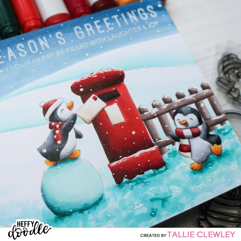 Playful Penguins Christmas Card: SCENE COLOURING (Heffy Doodle DT)