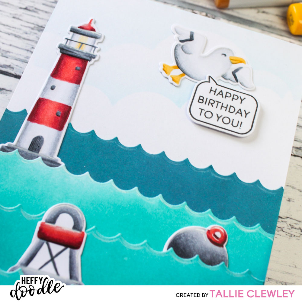 Seaside Birthday Wishes Card: No Line Colouring Die Cuts (Heffy Doodle DT)