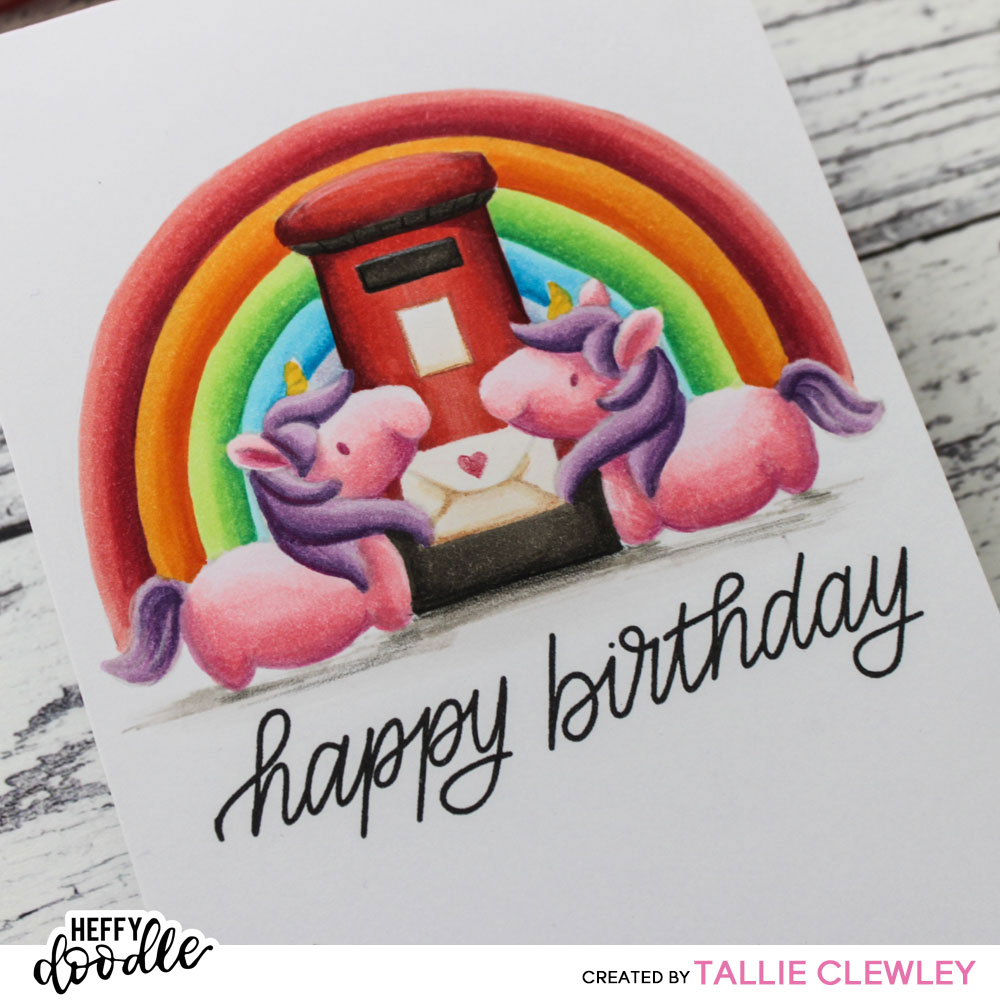 Rainbow unicorns handmade birthday card (featuring Heffy Doodle stamps)